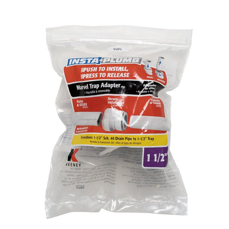Insta-Plumb 95IPK Trap Pipe Adapter, 1-1/2 in, Push-To-Connect, Plastic, White