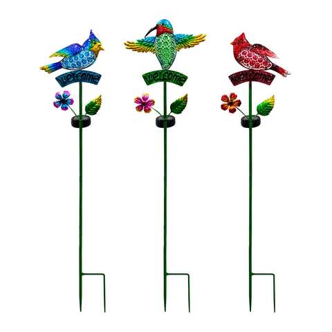 Alpine Multicolored Glass/Metal Welcome Bird Solar Garden Stake, Pack of 6