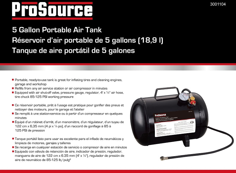 ProSource AT05 Air Tank, 5 gal Tank, 1/4 in Inlet, 5/16 in Outlet, 85 to 125 psi Pressure, Steel, 2 mm Gauge