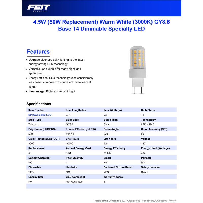Feit T4 GY8.6 LED Bulb Warm White 50 Watt Equivalence 1 pk