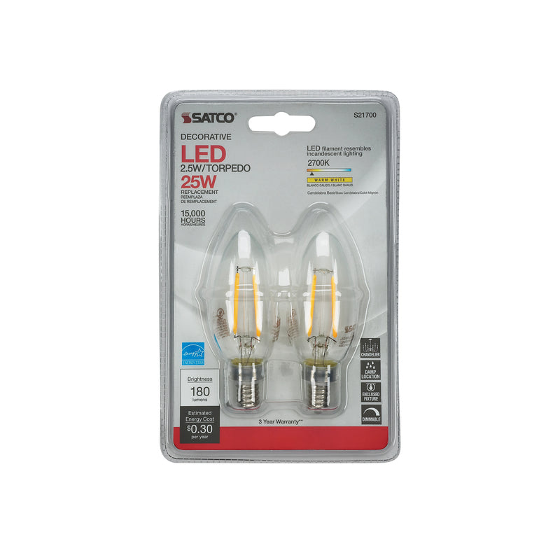 Satco B11 E12 (Candelabra) Filament LED Bulb Warm White 25 Watt Equivalence 2 pk