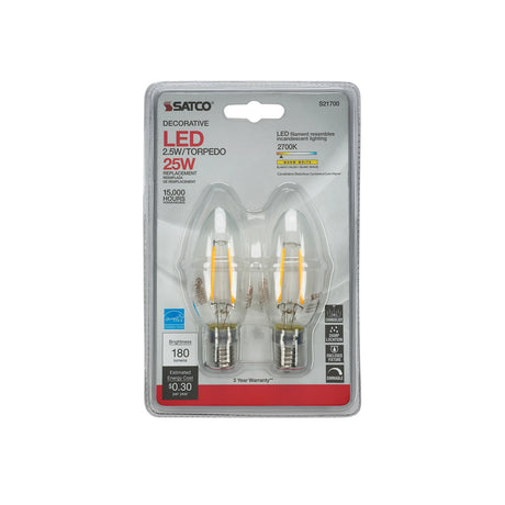 Satco B11 E12 (Candelabra) Filament LED Bulb Warm White 25 Watt Equivalence 2 pk