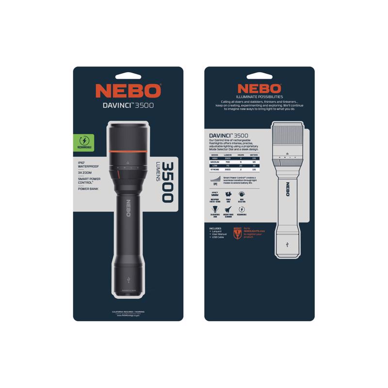 NEBO Davinci 3500 lm Black LED Rechargeable Flashlight 21700 Battery
