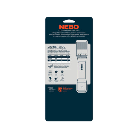 NEBO Davinci 2000 lm Black LED Rechargeable Flashlight 18650 Battery