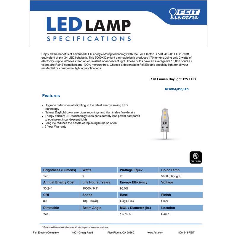 Feit T4 G4 LED Bulb Daylight 20 Watt Equivalence 1 pk