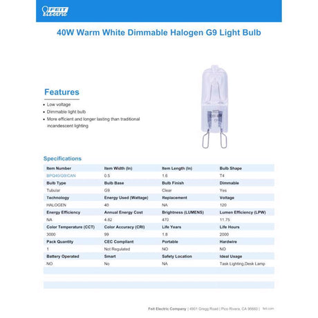 Feit 40 W JCD Tubular Halogen Bulb 470 lm Warm White 1 pk