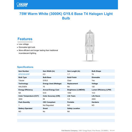Feit 75 W T4 Tubular Halogen Bulb 1050 lm Warm White 1 pk