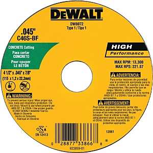 DEWALT DW8072 Cutting Wheel, 4-1/2 in Dia, 0.045 in Thick, 7/8 in Arbor, Medium, Silicone Carbide Abrasive