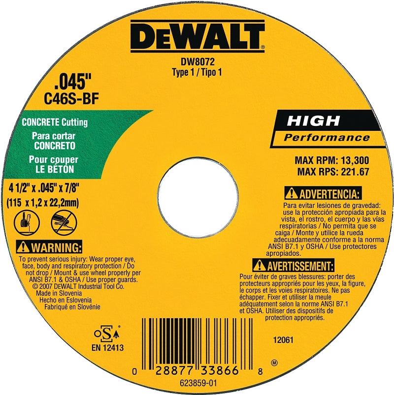 DEWALT DW8072 Cutting Wheel, 4-1/2 in Dia, 0.045 in Thick, 7/8 in Arbor, Medium, Silicone Carbide Abrasive