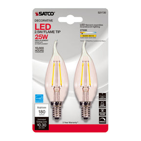 Satco CA10 (Flame Tip) E12 (Candelabra) LED Bulb Warm White 25 Watt Equivalence 2 pk