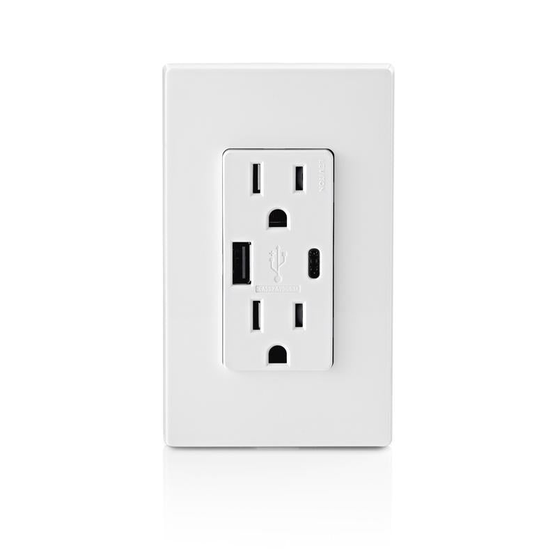 Leviton Decora 15 amps Type A/C Duplex White Outlet and USB Charger 5-15 R 2 pk