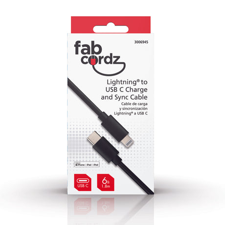 Fabcordz Lightning to USB-C Charge and Sync Cable 6 ft. Black