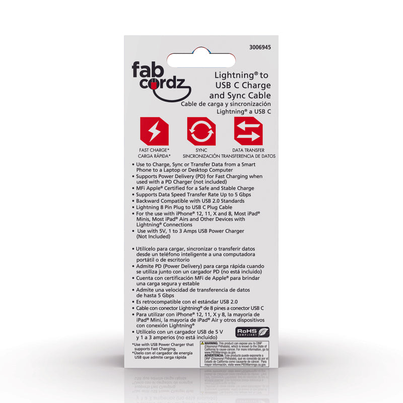 Fabcordz Lightning to USB-C Charge and Sync Cable 6 ft. Black