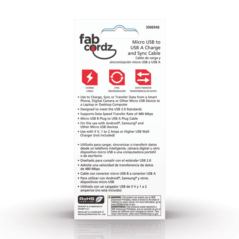 Fabcordz Micro to USB Charge and Sync Cable 10 ft. Black