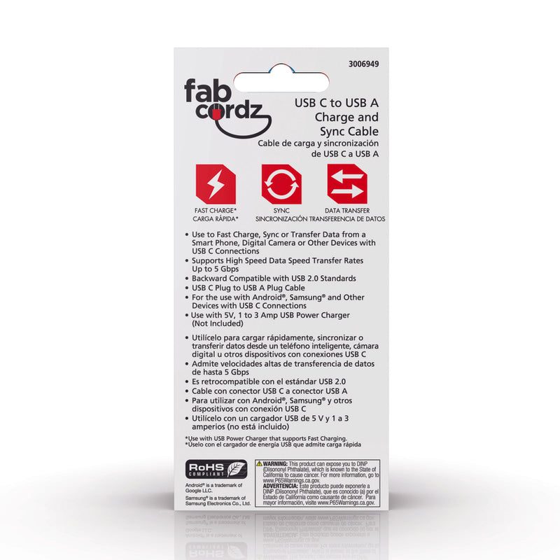 Fabcordz USB-C to USB-A Charge and Sync Cable 3 ft. Black