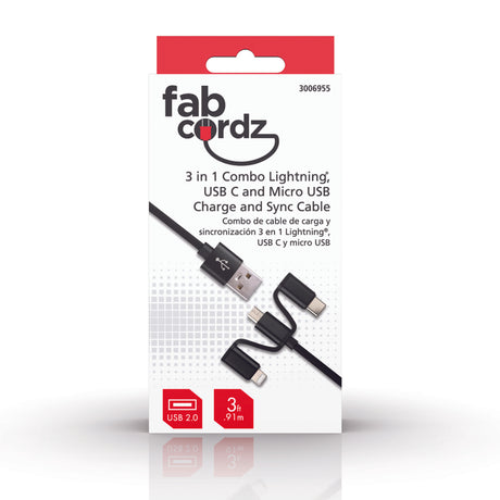 Fabcordz Lightning to Micro and Lightning to USB-C Cable 3 ft. Black