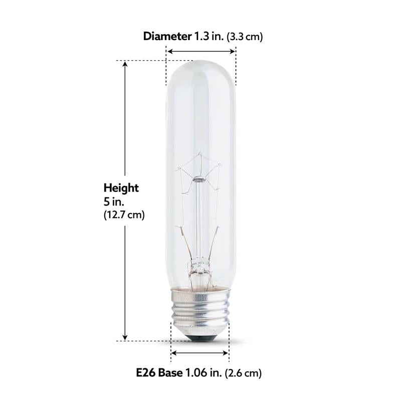 Feit Electric BP40T10 Incandescent Lamp, 40 W, T10 Lamp, Medium E26 Lamp Base, 400 Lumens, 2700 K Color Temp