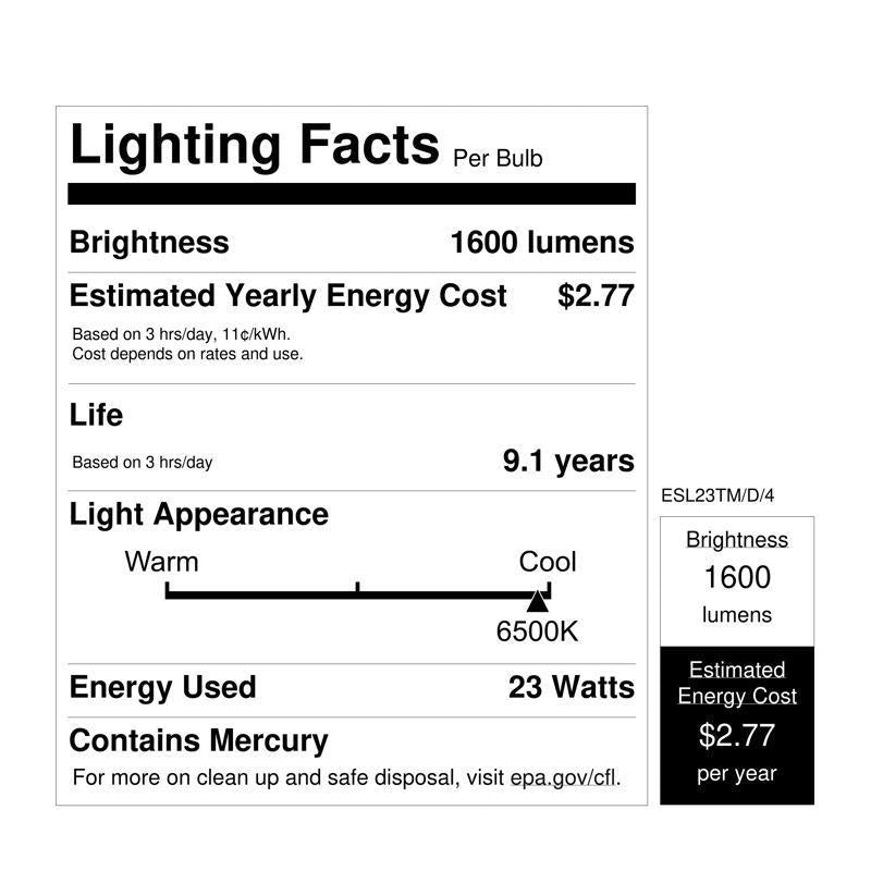 Feit Electric ESL23TM/D/4 Compact Fluorescent Bulb, 23 W, Spiral Lamp, Medium E26 Lamp Base, 1600 Lumens, Daylight Light
