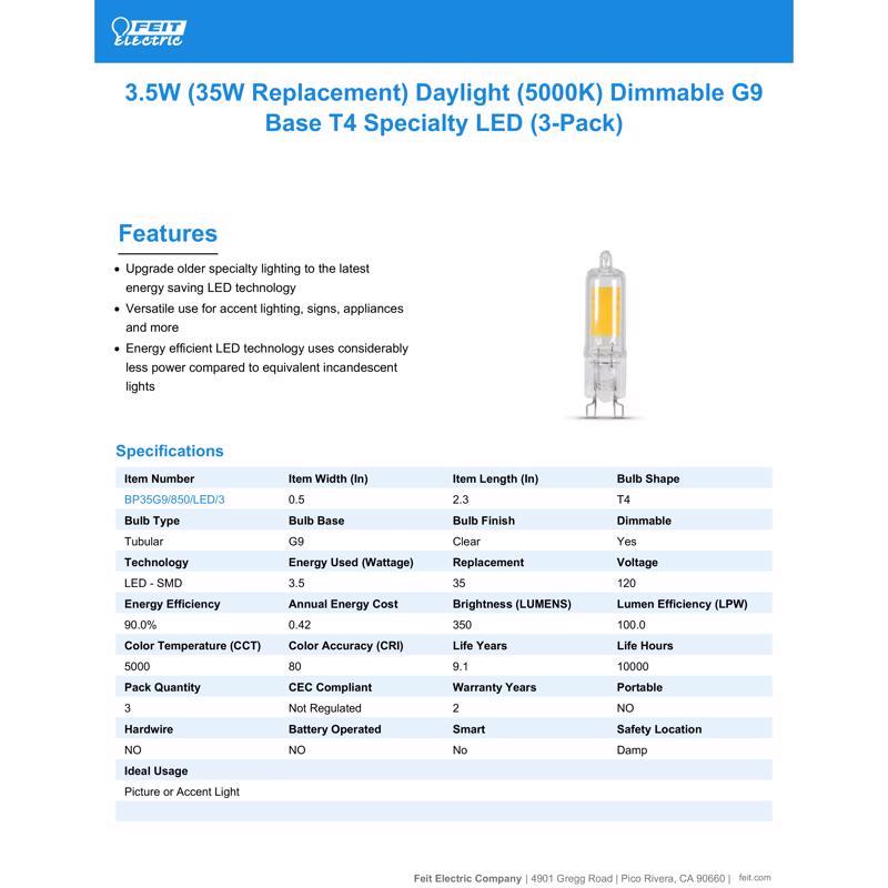 Feit T4 G9 LED Bulb Daylight 35 Watt Equivalence 3 pk