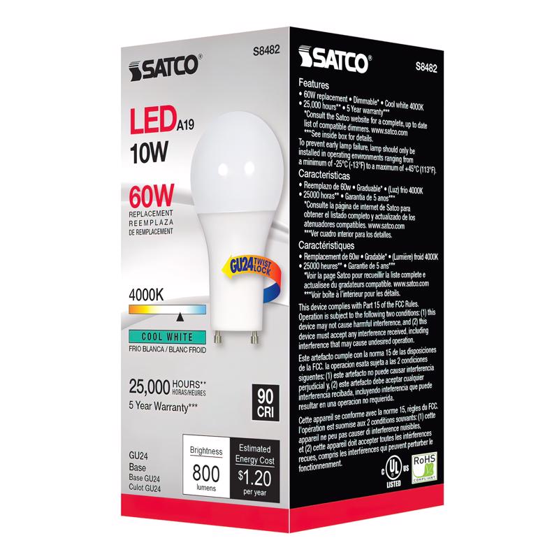 Satco A19 GU24 LED Bulb Cool White 60 Watt Equivalence 1 pk