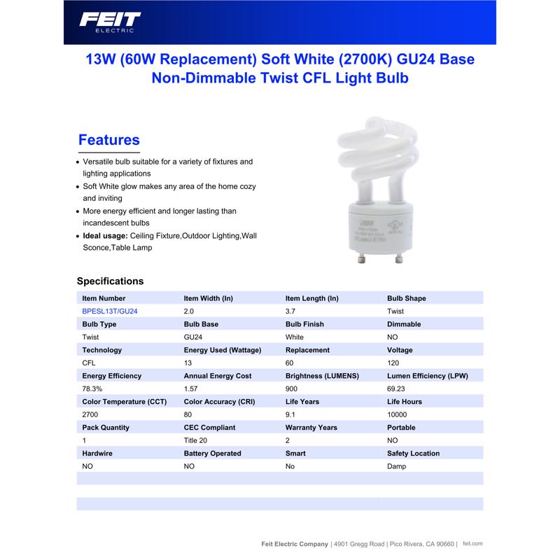 Feit Electric BPESL13T/GU24 Compact Fluorescent Lamp, 13 W, Spiral Lamp, GU24 Twist and Lock Lamp Base, 900 Lumens, Pack of 6