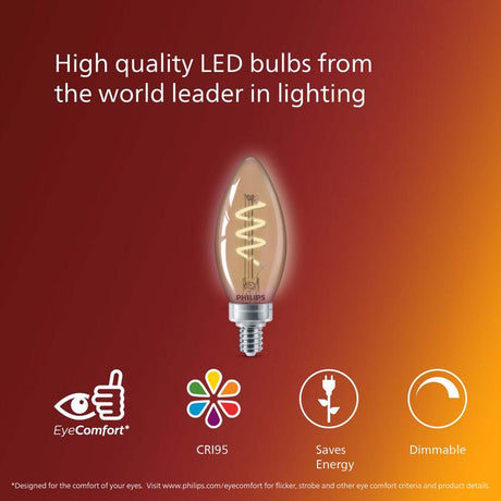 Philips B11 E12 (Candelabra) LED Bulb Amber 25 Watt Equivalence 2 pk