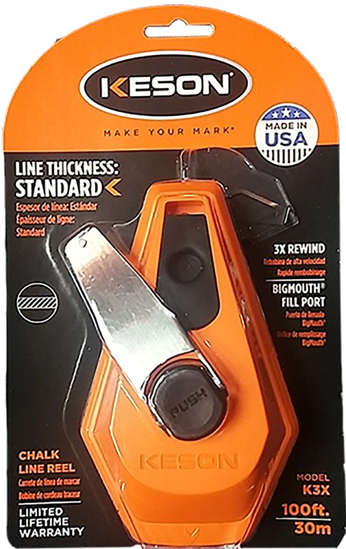 Keson K3X Standard Chalk Line Reel, 100 ft L Line, 3:1 Gear Ratio