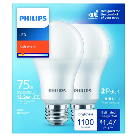 Philips A19 E26 (Medium) LED Bulb Soft White 75 Watt Equivalence 2 pk