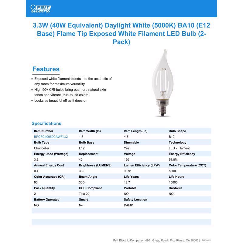 Feit White BA10 E12 (Candelabra) Filament LED Bulb Daylight 40 Watt Equivalence 2 pk