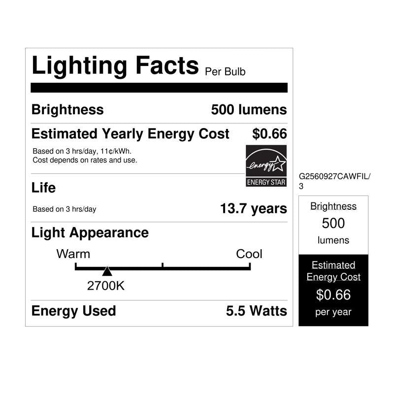 Feit White G25 E26 (Medium) Filament LED Bulb Soft White 60 Watt Equivalence 3 pk