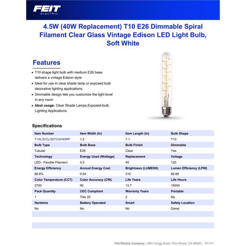 Feit T10 E26 (Medium) Filament LED Bulb Soft White 40 Watt Equivalence 1 pk