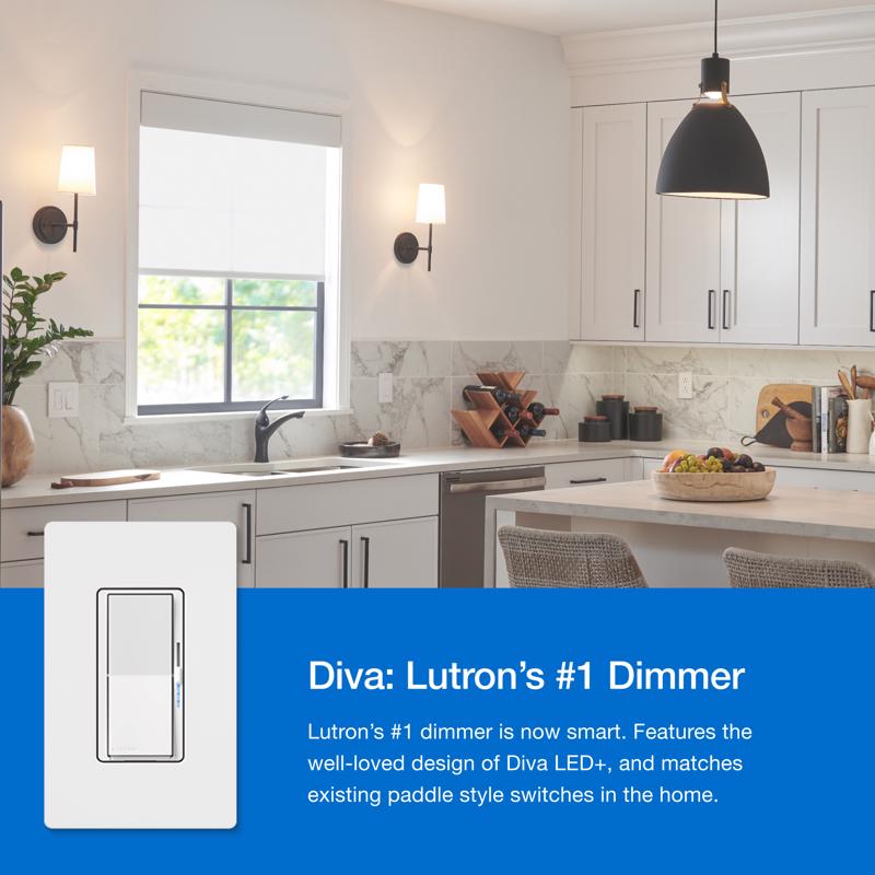 Lutron Diva 3-Way Smart-Enabled Dimmer and Remote White 1 pk