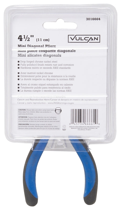Vulcan JL-NP039 Cutting Pliers, 4-1/2 in OAL, 0.8 mm Cutting Capacity, 1/2 in Jaw Opening, Black/Blue Handle
