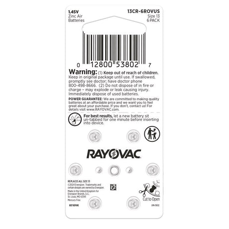 Rayovac Zinc Air 13 1.45 V Hearing Aid Battery 6 pk