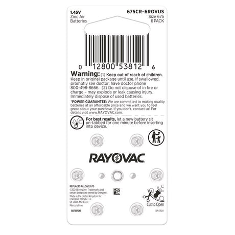 Rayovac Zinc Air 675 1.45 V Hearing Aid Battery 6 pk