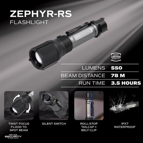 Police Security Zephyr-RS Tactical 550 lm Black/Gray LED Rechargeable Flashlight 14500 Battery