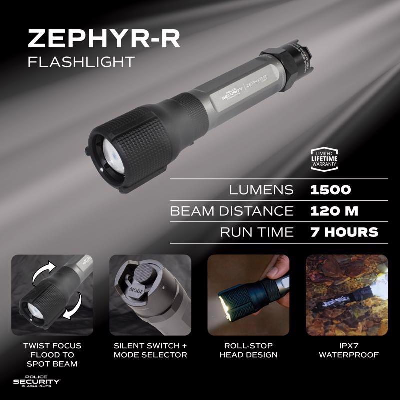 Police Security Zephyr-R Tactical 1500 lm Black/Gray LED Rechargeable Flashlight 18650 Battery