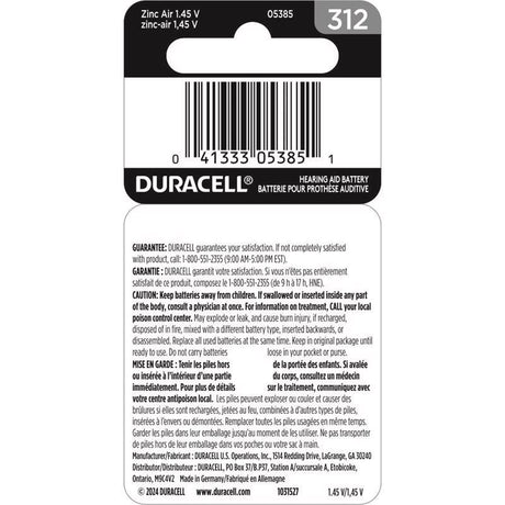 Duracell Zinc Air 312 1.5 V Hearing Aid Battery 8 pk