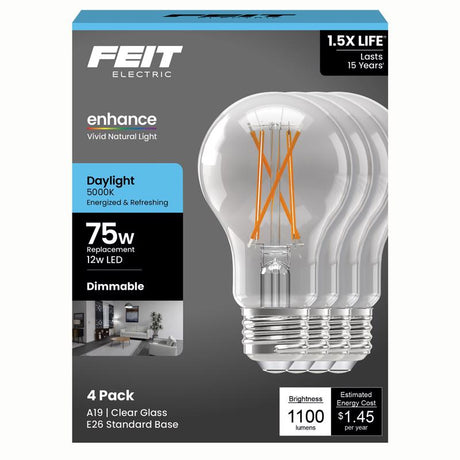 Feit A19 E26 (Medium) Filament LED Bulb Daylight 75 Watt Equivalence 4 pk