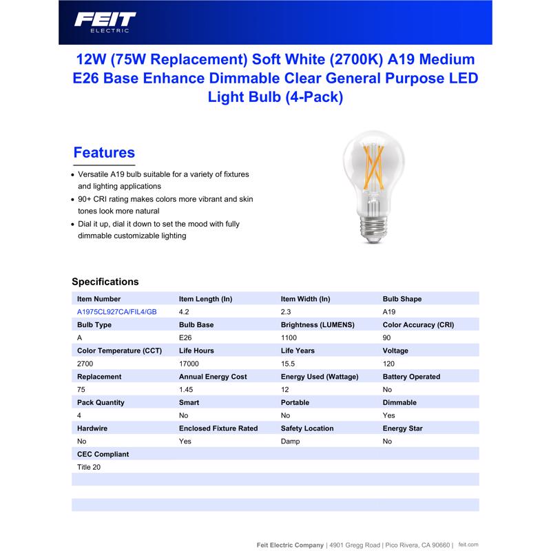 Feit A19 E26 (Medium) Filament LED Bulb Soft White 75 Watt Equivalence 4 pk