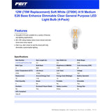 Feit A19 E26 (Medium) Filament LED Bulb Soft White 75 Watt Equivalence 4 pk
