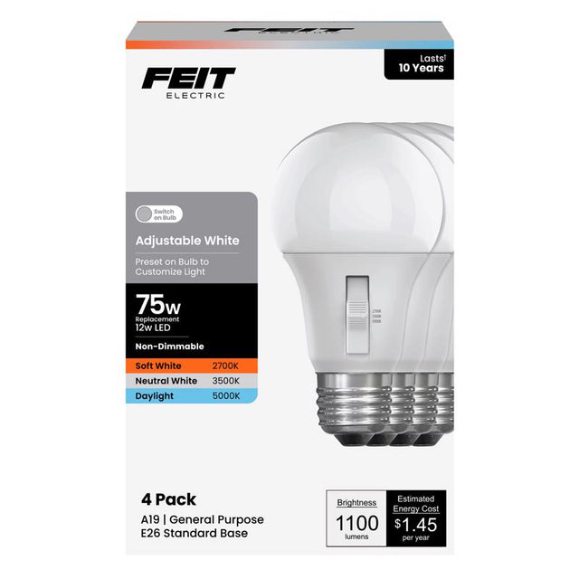 Feit A19 E26 (Medium) LED Bulb Adjustable White 75 Watt Equivalence 4 pk