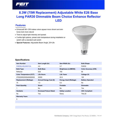 Feit PAR30 E26 (Medium) LED Bulb Adjustable White 75 Watt Equivalence 1 pk