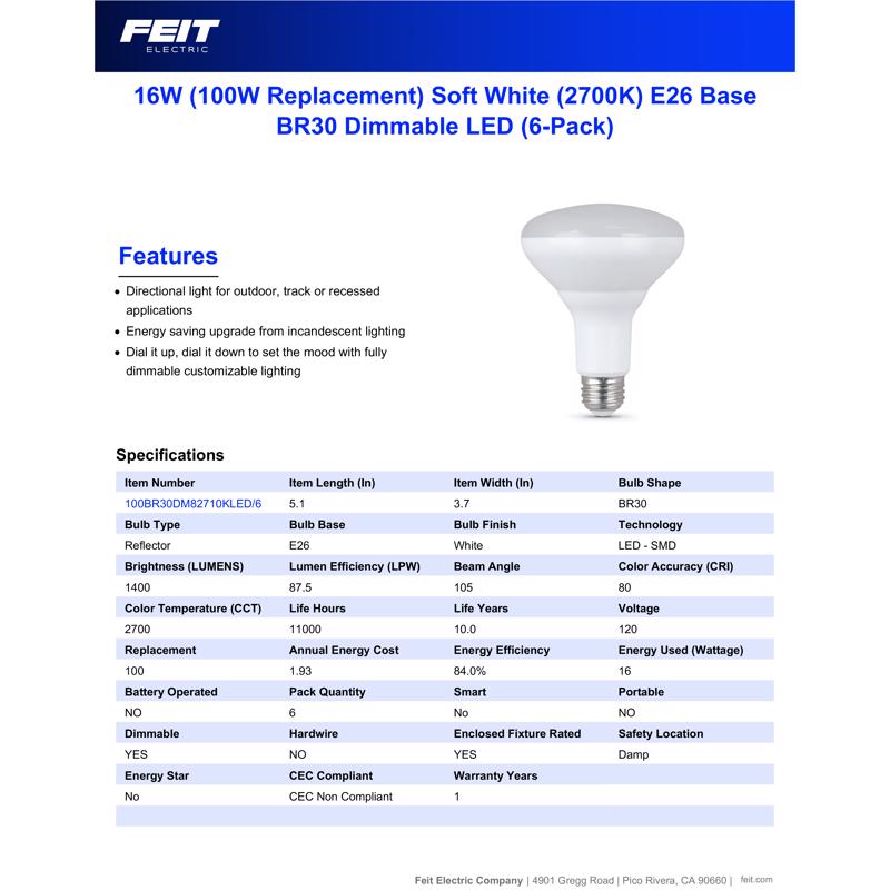 Feit BR30 E26 (Medium) LED Bulb Soft White 100 Watt Equivalence 6 pk
