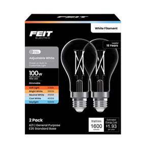 Feit A21 E26 (Medium) Filament LED Bulb Adjustable White 100 Watt Equivalence 2 pk