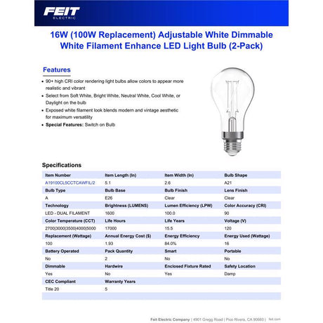Feit A21 E26 (Medium) Filament LED Bulb Adjustable White 100 Watt Equivalence 2 pk