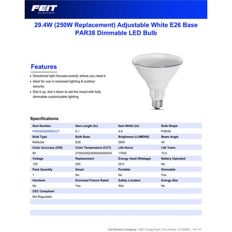 Feit PAR38 E26 (Medium) LED Bulb Adjustable White 250 Watt Equivalence 1 pk