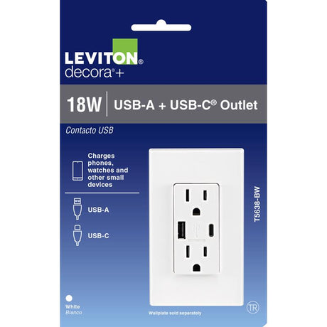 Leviton Decora 15 amps 125 V Type A/C Duplex White Outlet and USB Charger 5-15R 1 pk