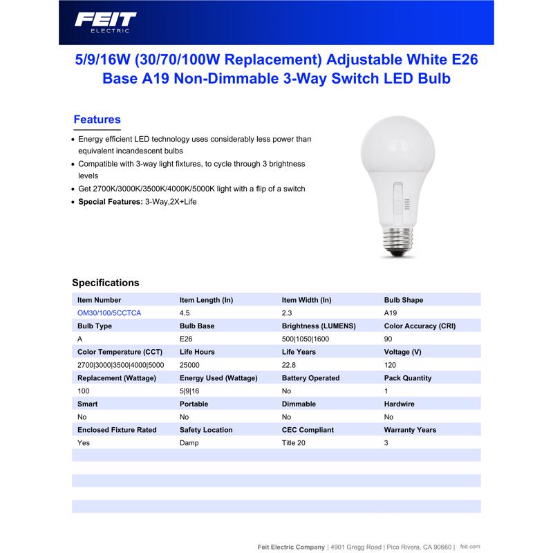 Feit A19 E26 (Medium) LED Bulb Adjustable White 100 Watt Equivalence 1 pk