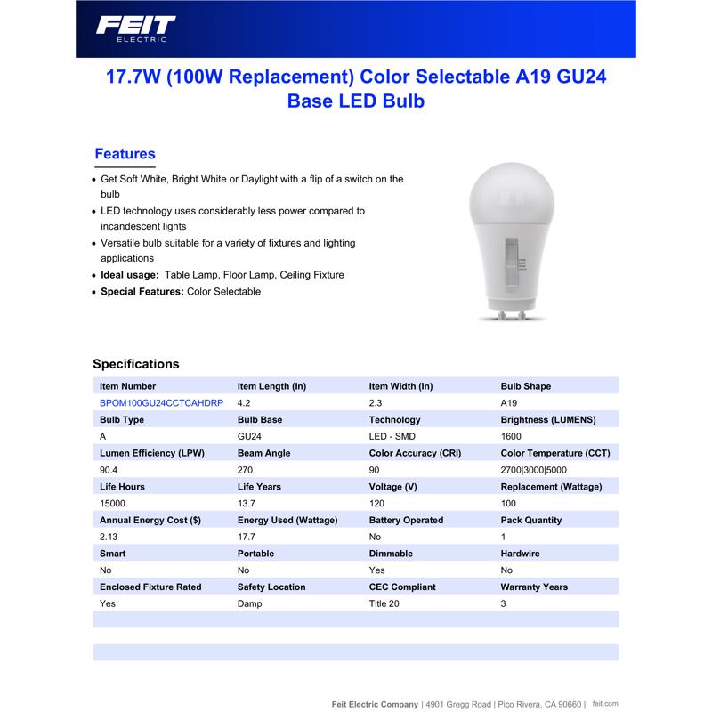 Feit A21 GU24 LED Bulb Adjustable White 100 Watt Equivalence 1 pk